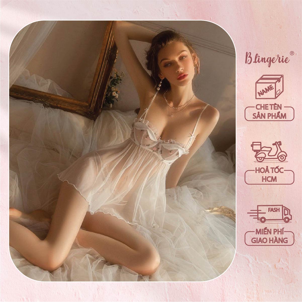 Váy Ngủ Nữ Hai Dây Viên Ren - B.Lingerie