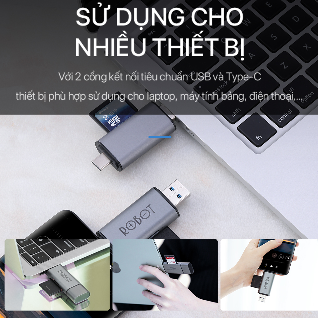 Thiết Bị Đọc Thẻ Nhớ ROBOT CR202 - 2 Đầu Type-C Và USB 3.0, Khe Cắm Thẻ Nhớ SD/Micro SD - Hàng Chính Hãng