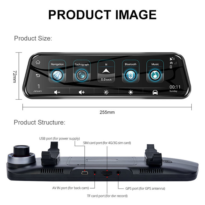 Camera hành trình gương cao cấp Phisung H58 tích hợp 4G, Wifi, GPS, 10 inch, android 5.1 OS, Bluetooth 4.0, ADAS, WDR, USB 2.0, Chíp MTK6735 + CPU Lõi tứ A53+ 1.3Ghz + Rom 16G + RAM 1GB
