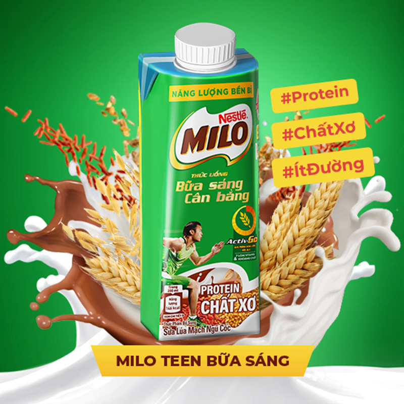 Sữa lúa mạch Nestlé MILO Teen Bữa Sáng Ít đường thùng 24 hộp x 200 ml