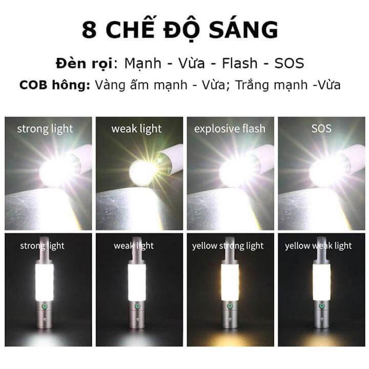 Đèn pin mini siêu sáng cầm tay 8 chế độ Zoom xa gần, chống nước có móc treo tiện lợi, Đèn led cắm trại dã ngoại-H20