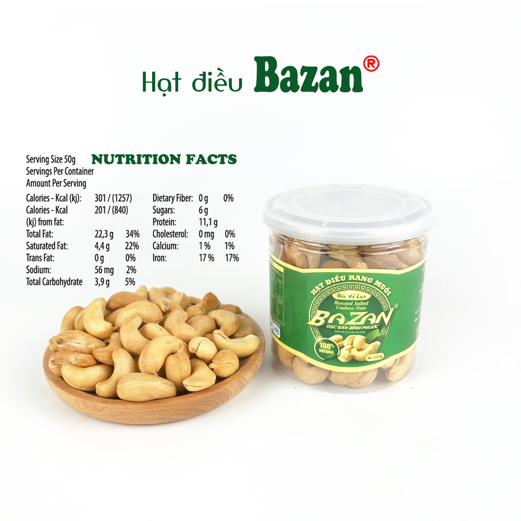 Hạt điều rang muối Bazan Bình Phước nguyên hạt dinh dưỡng A+ loại 1 hộp 235g nắp bật sạch vỏ lụa