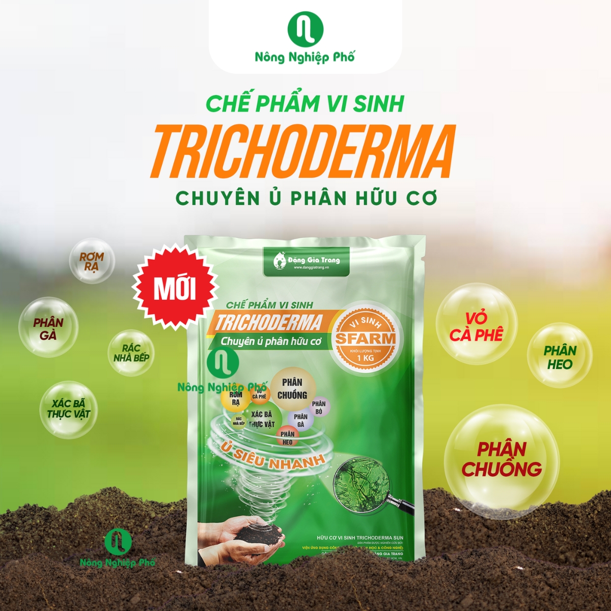 Chế phẩm vi sinh Trichoderma SFARM chuyên ủ phân hữu cơ - Gói 1kg