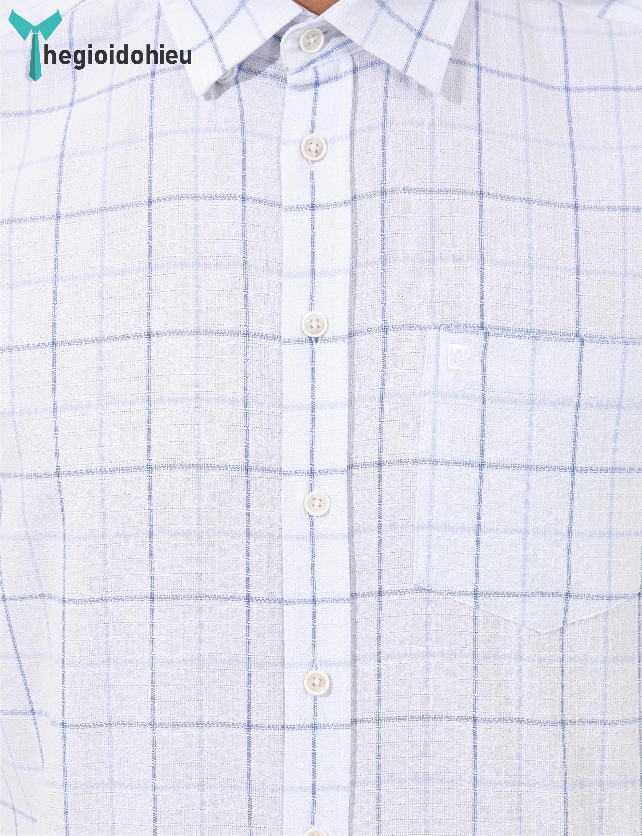 Áo sơ mi nam ngắn tay Pie Cardin PCShirt107 (Trắng sọc xanh) - Hàng nhập khẩu - Có túi - Trắng sọc xanh