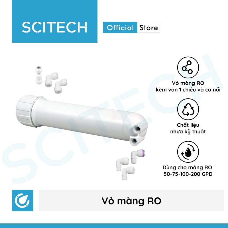 Vỏ màng RO kèm van 1 chiều và co nối dùng trong máy lọc nước (Dùng cho màng RO 50-200 GPD) - Hàng chính hãng