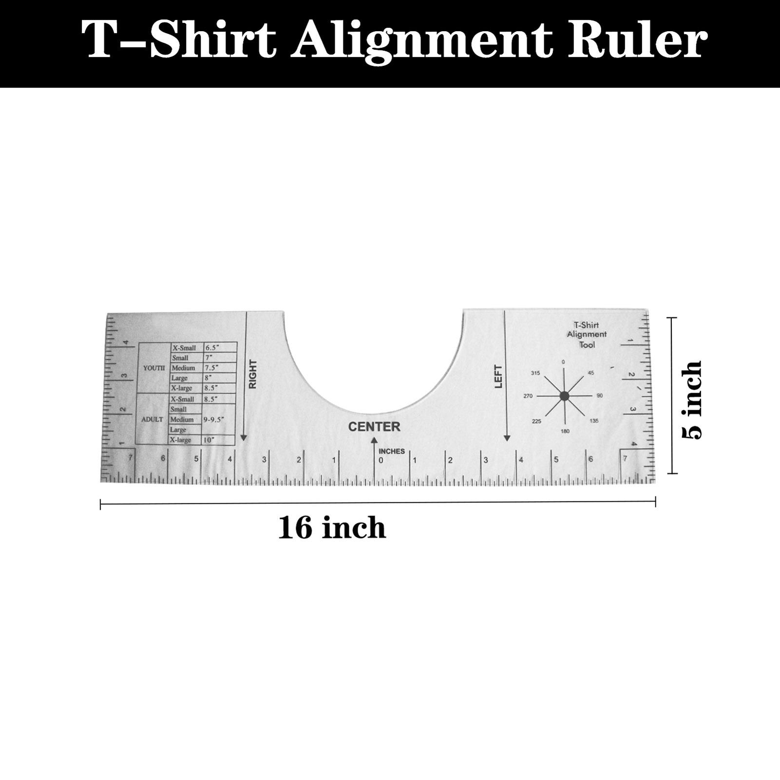 Thước căn chỉnh 16 x 5 inches dùng để đo áo thun cổ tròn, có vạch hướng ngực trái và phải cho nhiều kích cỡ khác nhau