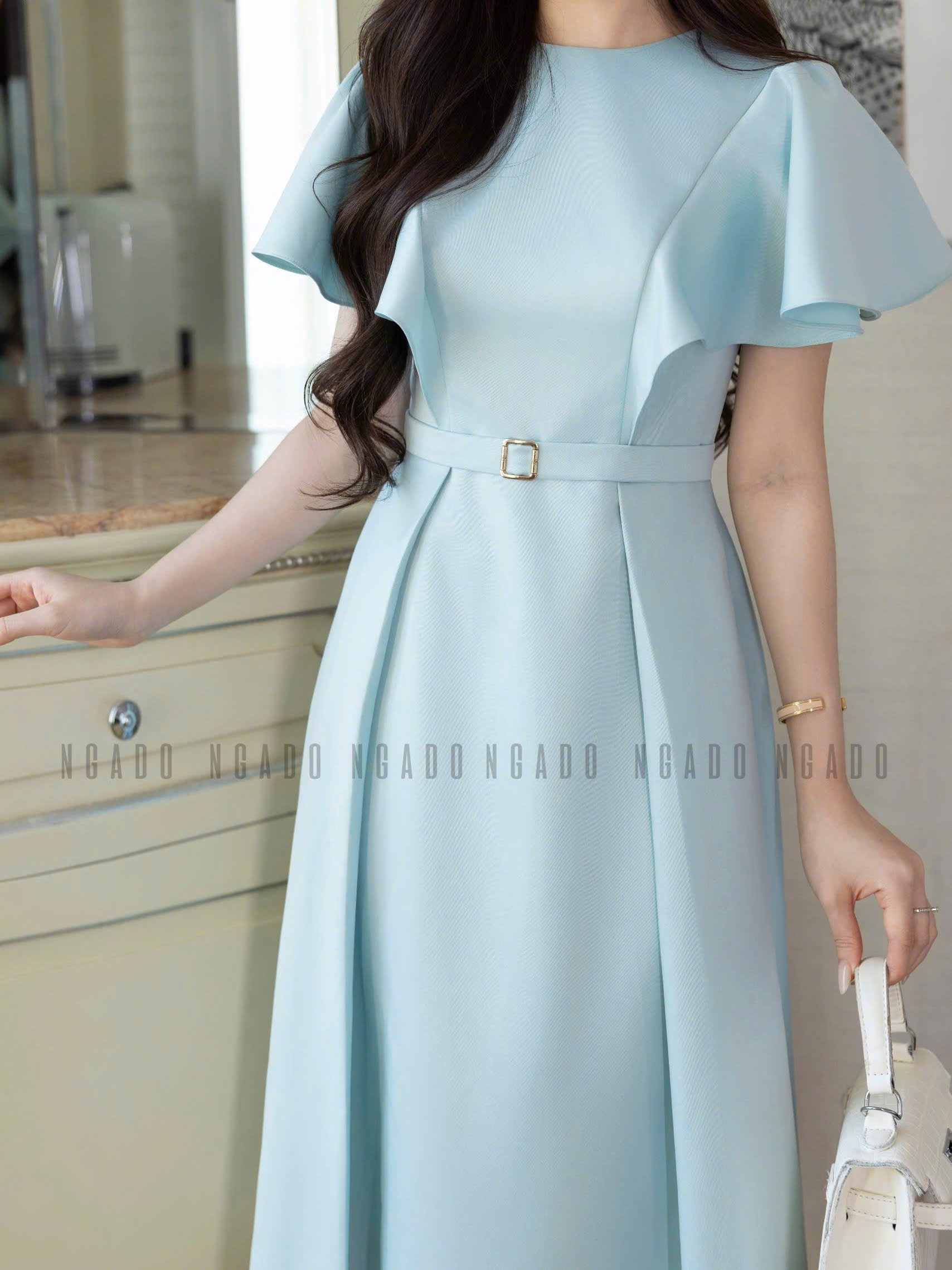 Đầm xanh mint cổ tròn NGADO , đầm dài , đầm dự tiệc , công sở