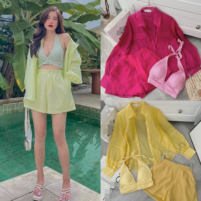 SET ÁO CROPTOP BRA BIKINI CARO DÂY YẾM XANH MINT ÁO BƠI  + ÁO SƠ MI PASTEL + QUẦN NGẮN LƯNG CAO ỐNG RỘNG ĐI BIỂN