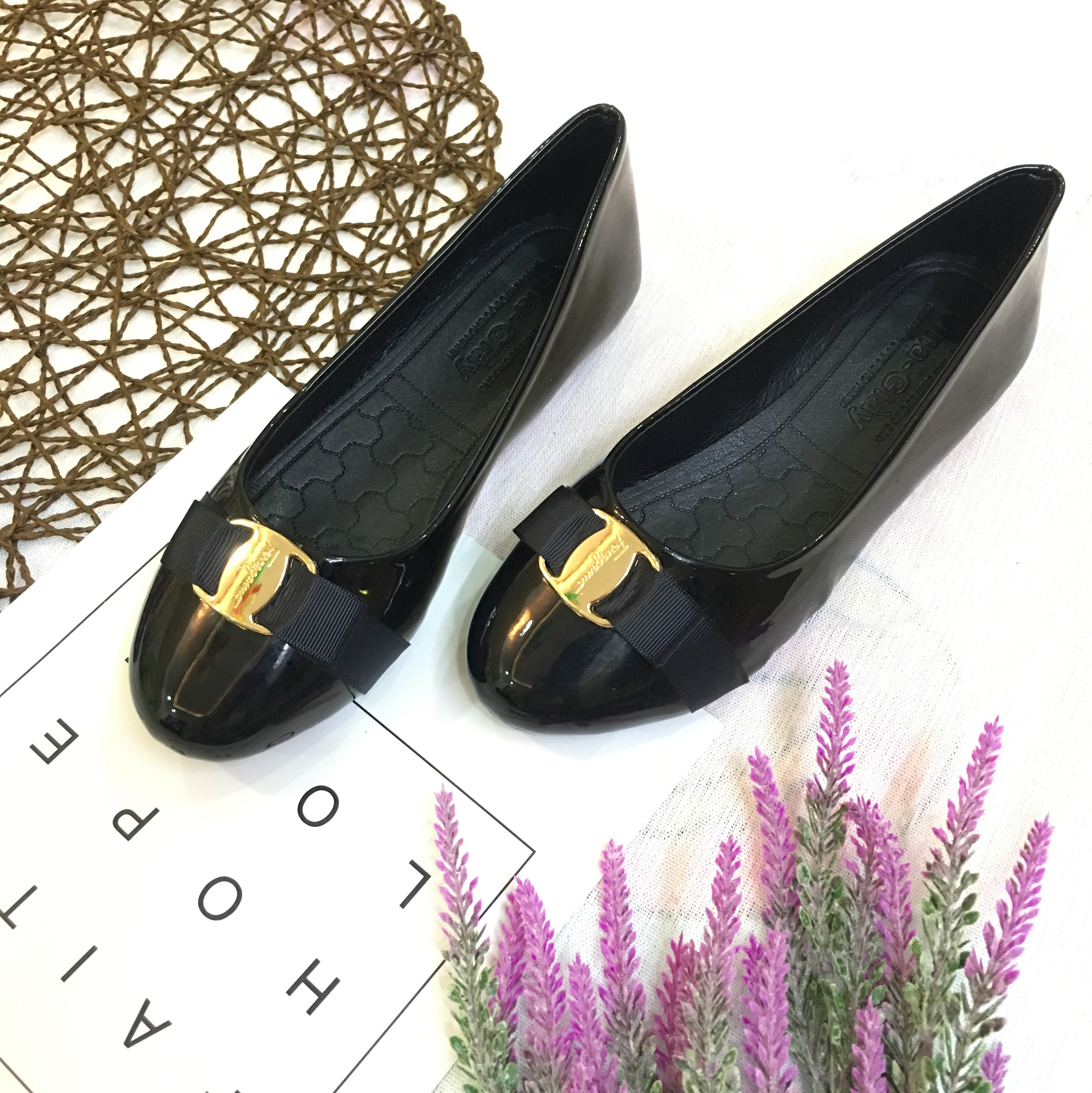 Giày búp bê nữ đế bằng da bóng đính nơ xinh xắn hàng VNXK siêu bền M15