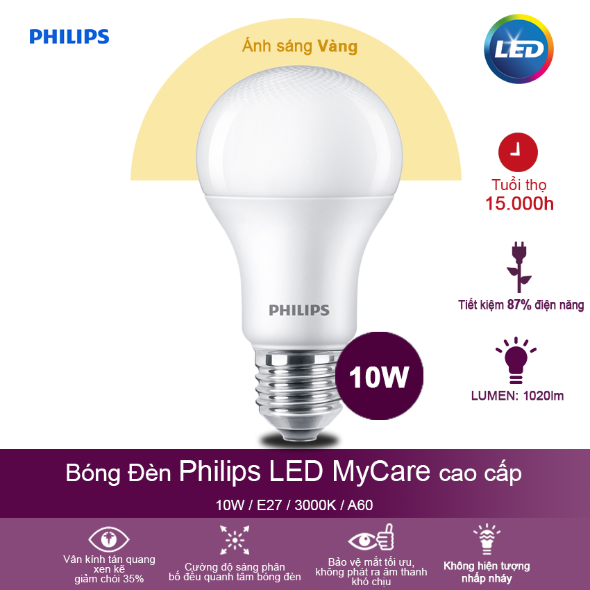 Bóng đèn Philips LED MyCare 10W 3000K E27 A60 - Ánh sáng vàng - Hàng Chính Hãng