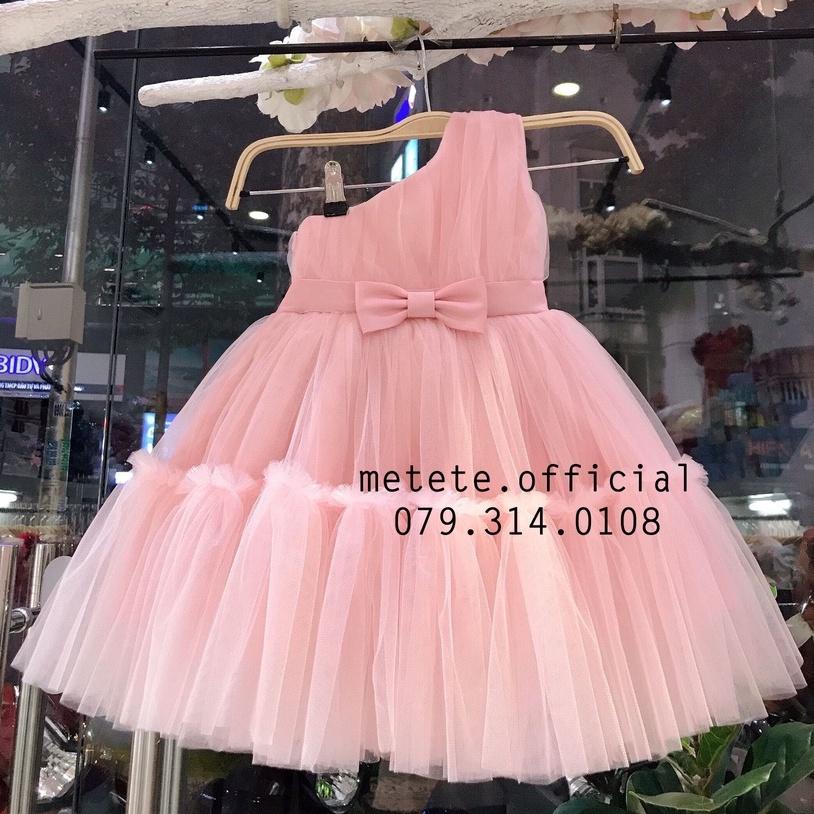 Váy đầm công chúa thiết kế cho bé gái lệch vai thắt nơ eo bồng bềnh voan mềm mại - Mẹ Tê Tê