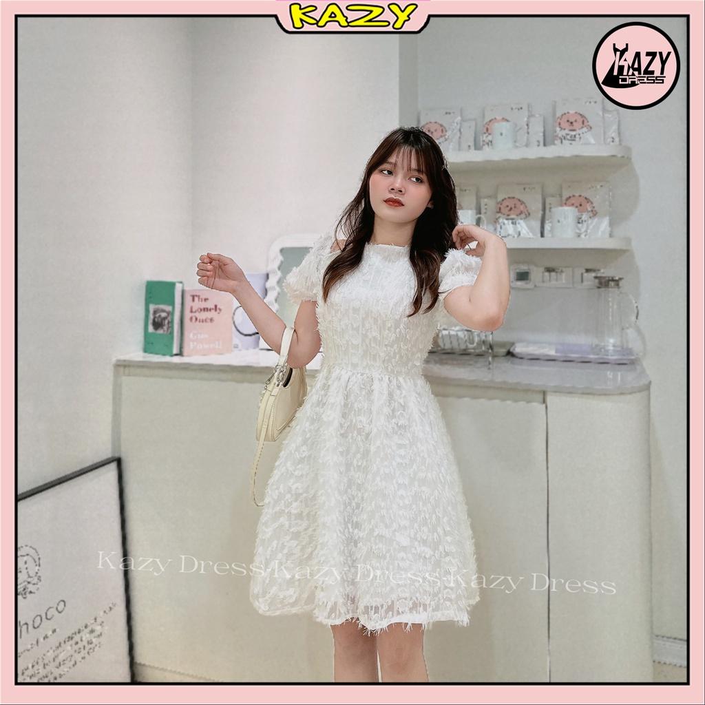 Váy trắng tiểu thư dự tiệc cổ yếm trễ vai tay bồng 2 lớp thêu hoa dáng xinh Hàn Quốc KAZY DRESS V003