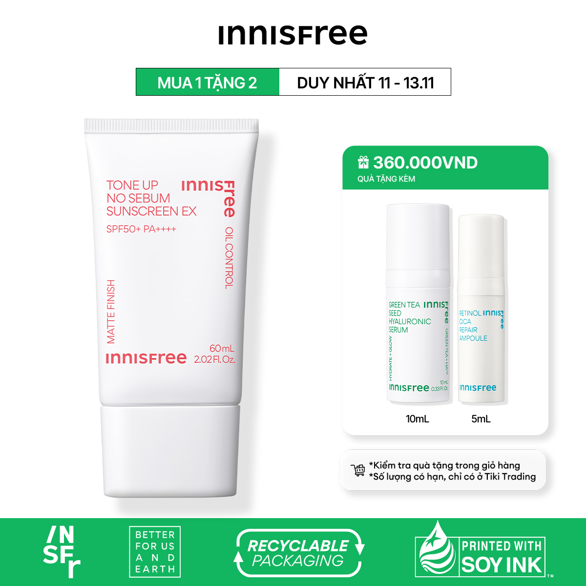 Kem chống nắng nâng tông kiềm dầu innisfree Tone Up No Sebum Sunscreen EX SPF 50+ PA++++ 60 mL (New 2023)