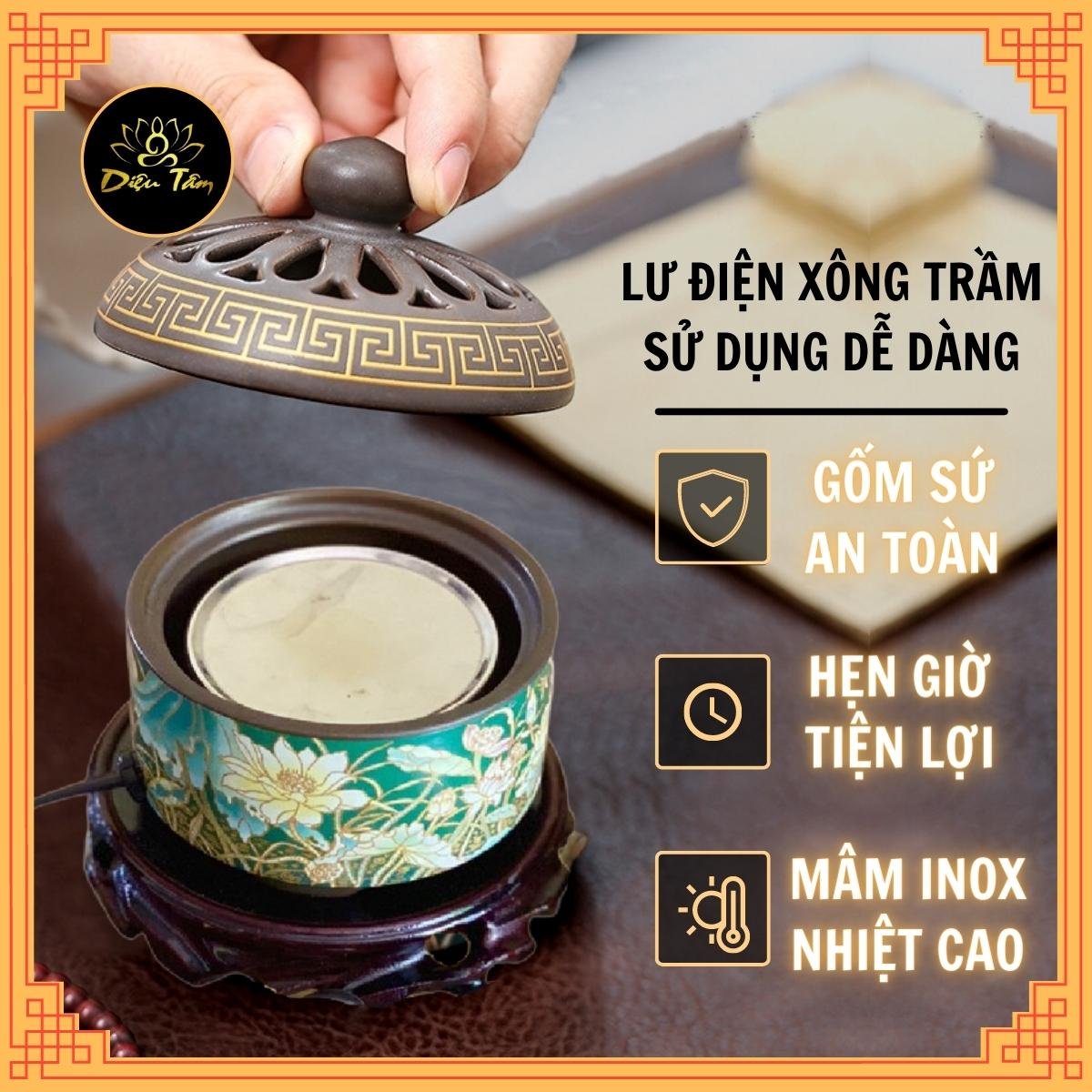 Lư điện xông trầm hoa sen có đôn gỗ dùng để xông nụ trầm hương ,nhang trầm hương được sử dụng thay cho thác khói trầm