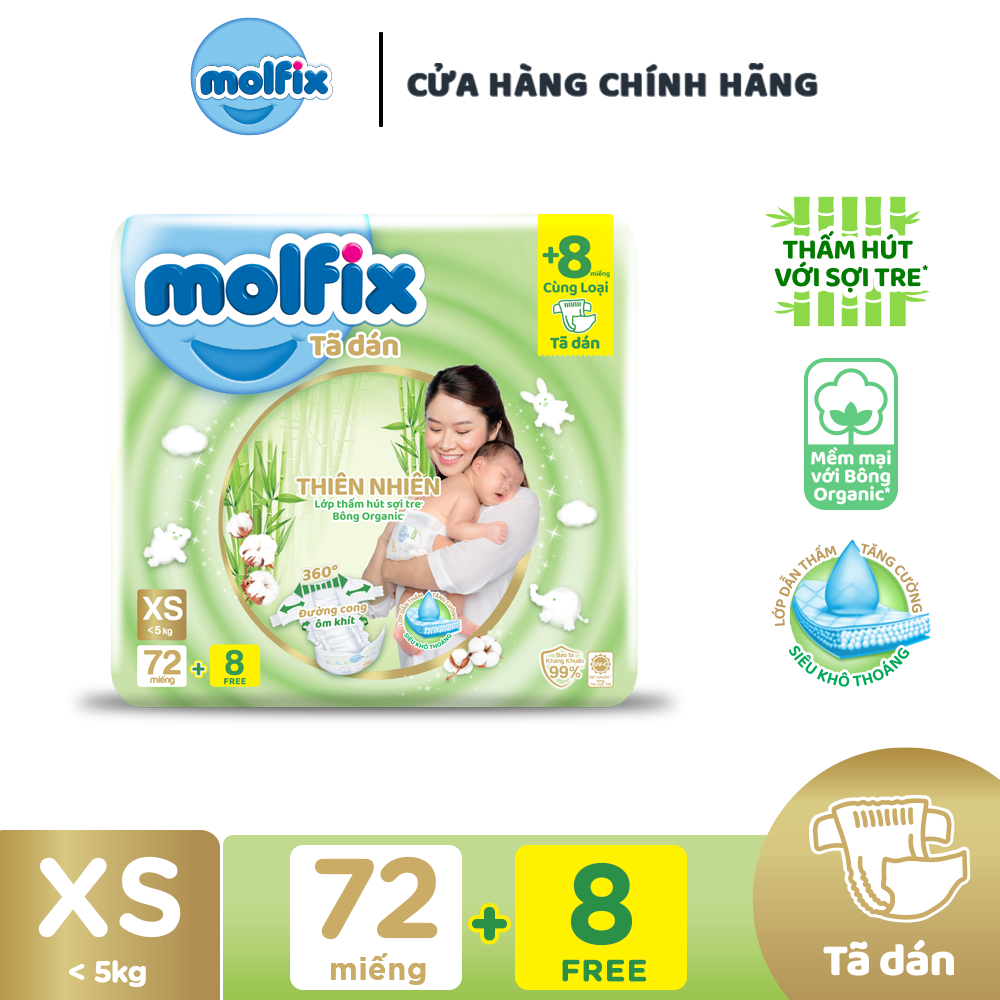 Tã/bỉm dán sơ sinh Molfix Thiên nhiên Jumbo Newborn (dưới 5kg) - Gói 72+8 miếng