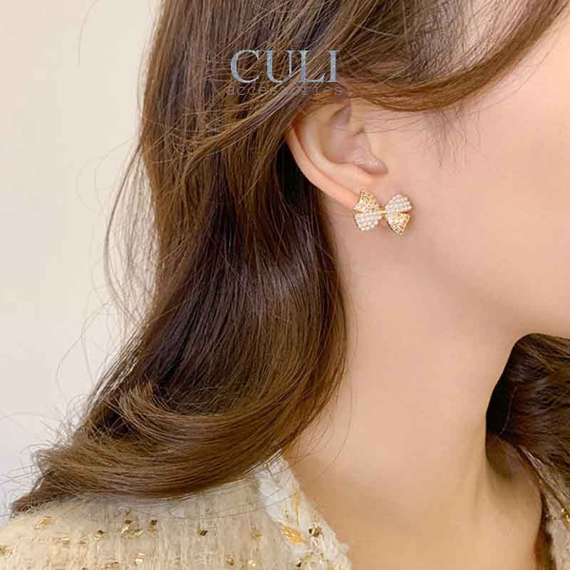 Hình ảnh Khuyên tai, Bông tai thời trang hình nơ kết hạt trai HT678 - Culi accessories