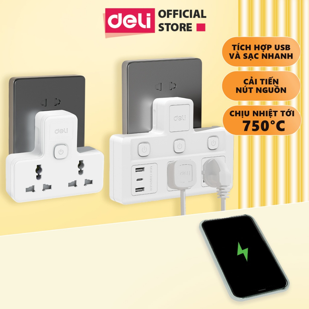 Ổ Cắm Chia Điện Deli, Ổ Cắm Điện Chữ T Công Suất 2500W Tích Hợp Cổng USB &amp;TypeC Sạc Nhanh 20W