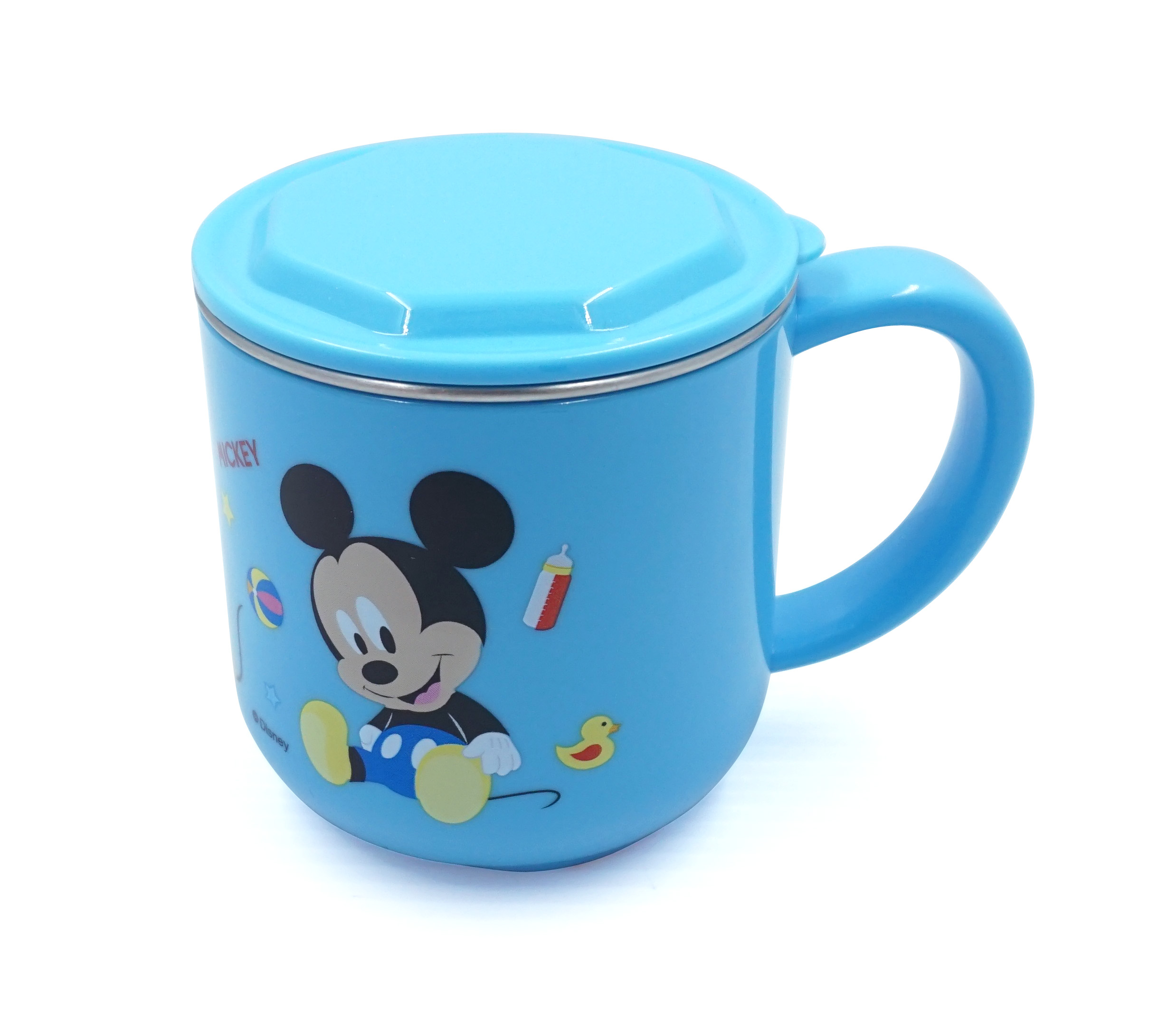 Ly cốc giữ nhiệt Disney in hình chuột Mickey Minnie Mouse màu xanh có nắp và quai cầm cho bé - 260ml