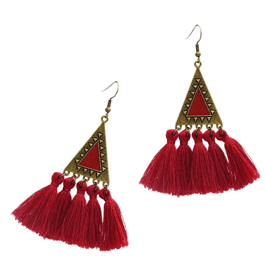 Vintage Fringe Tassel Earrings Bohemian Dangle Stud Women Jewelry Red