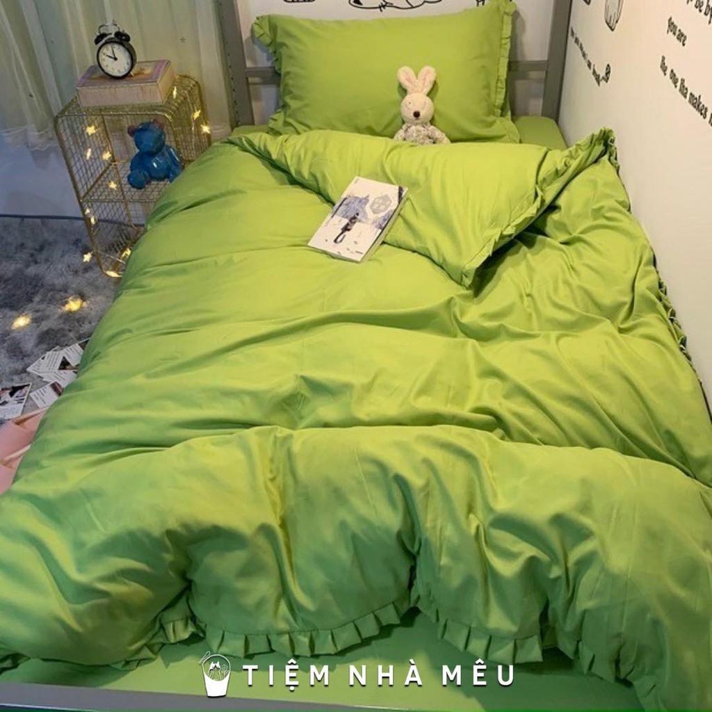 Bộ Chăn Ga Gốim6/m8/2m -Tiệm Nhà MêuSet 4 Món 2 Vỏ gối ,drap , vỏ chăn Cotton TC Viền Bèo Trơn Dễ Thương Cao Cấp