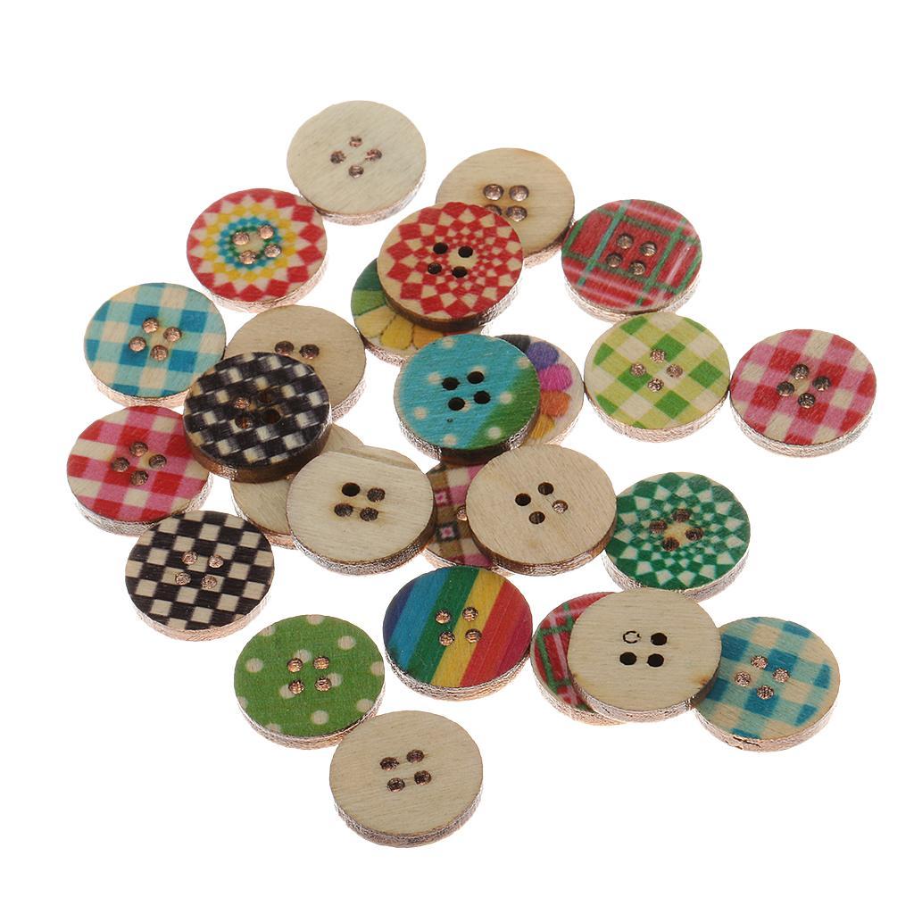 100 Pieces 15mm Colorful Mixed Pattern Round 2 Holes Wood Buttons for DIY Sewing