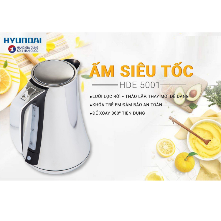 Ấm Đun Siêu Tốc Điện Tử Hyundai HDE 5001S Dung Tích 1.7L Đế Xoay Lưới Lọc Cặn Tháo Rời - Hàng chính hãng Hyundai