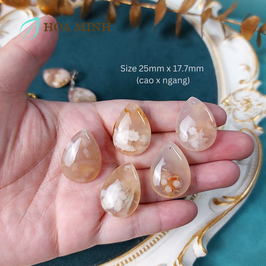 Mặt dây chuyền đá Mã Não hoa đào tự nhiên kiểu giọt nước 25x17.7mm, thời trang tài lộc không kén mệnh