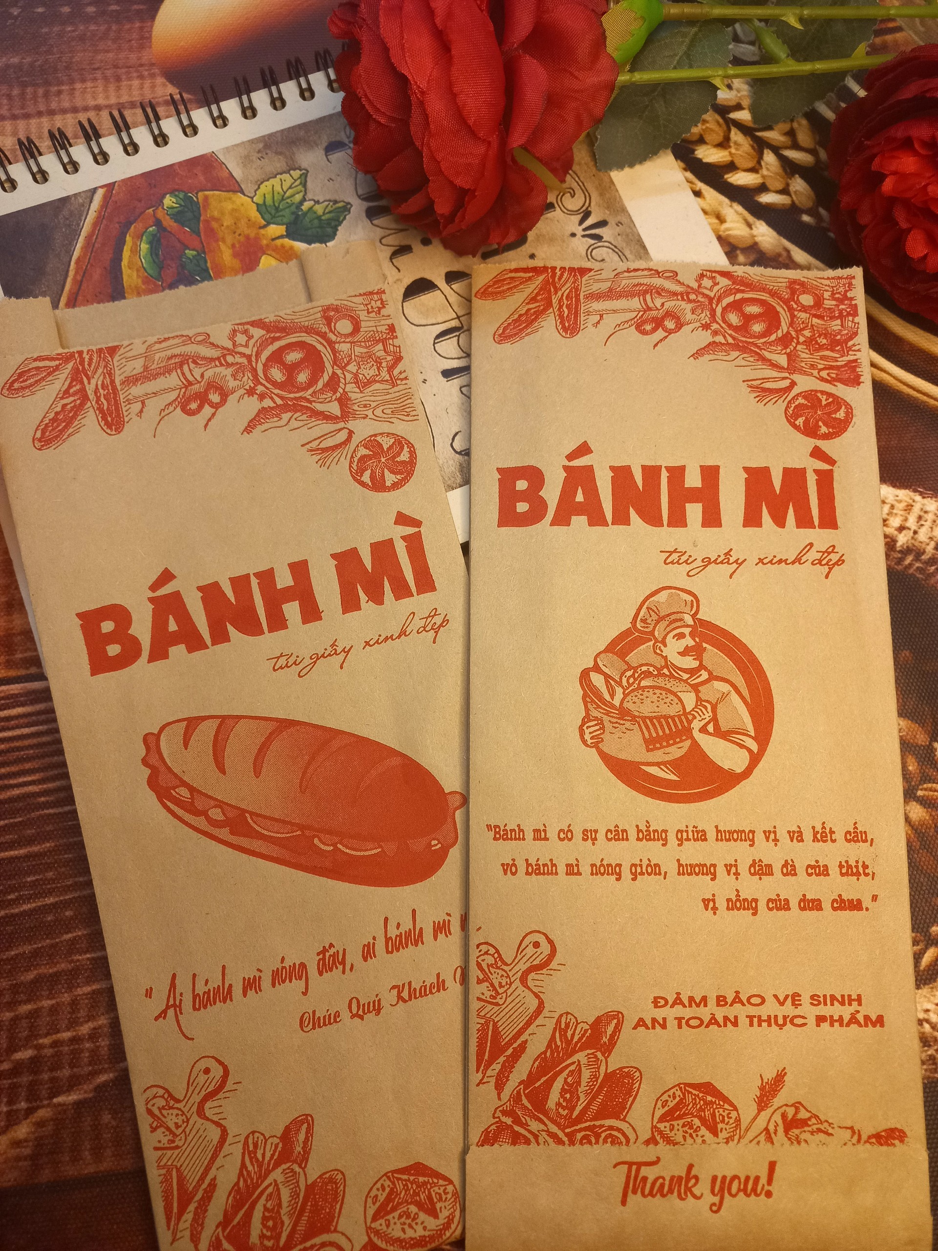 100 Túi Giấy ĐỰNG BÁNH MÌ TRUYỀN THỐNG (M.AN ĐỎ) Size 24x10x4cm Giấy Thực Phẩm Kraft Nâu