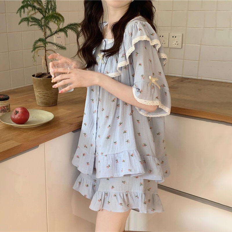 Bộ Đồ Ngủ Nữ Pijama Hoa Nhí Vintage Chất Cotton Mát Mịn Thoáng Mát