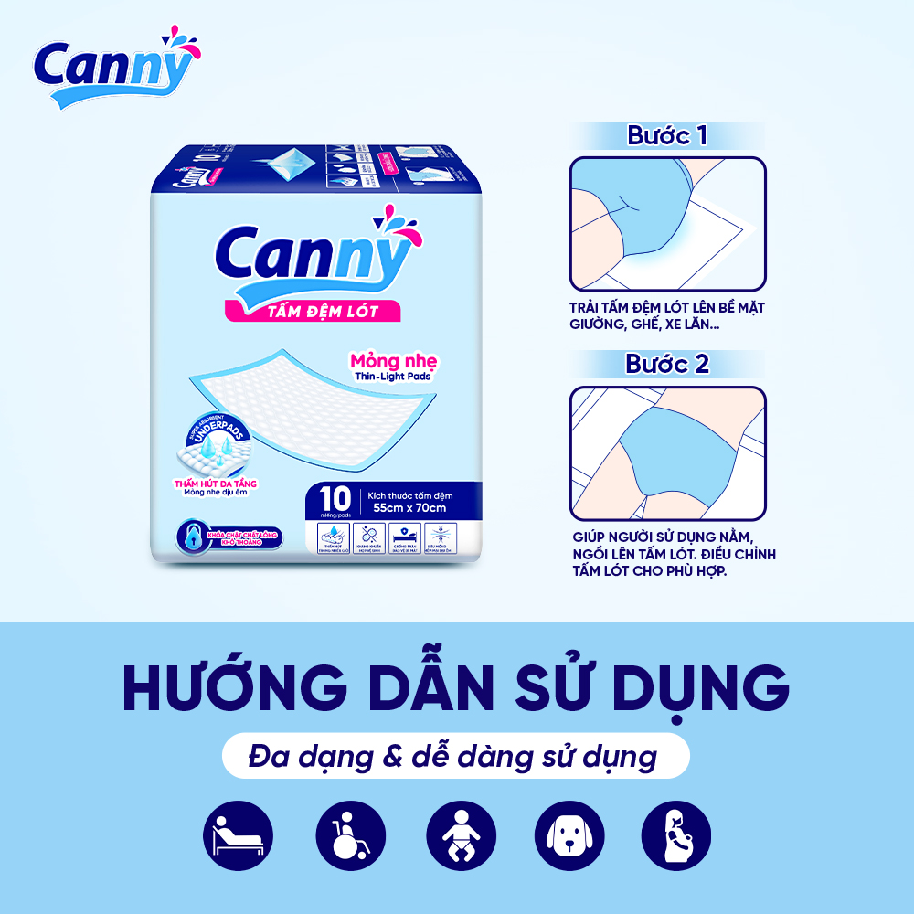 Combo 10 Tấm Đệm Lót Người Lớn Canny Siêu Mềm Mại, Siêu Thấm, Kháng Khuẩn 45x70cm, 55x70cm (10 miếng)