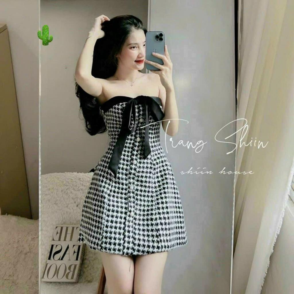 Đầm bố caro xoè cúp ngực cài nút phối dây cột nơ