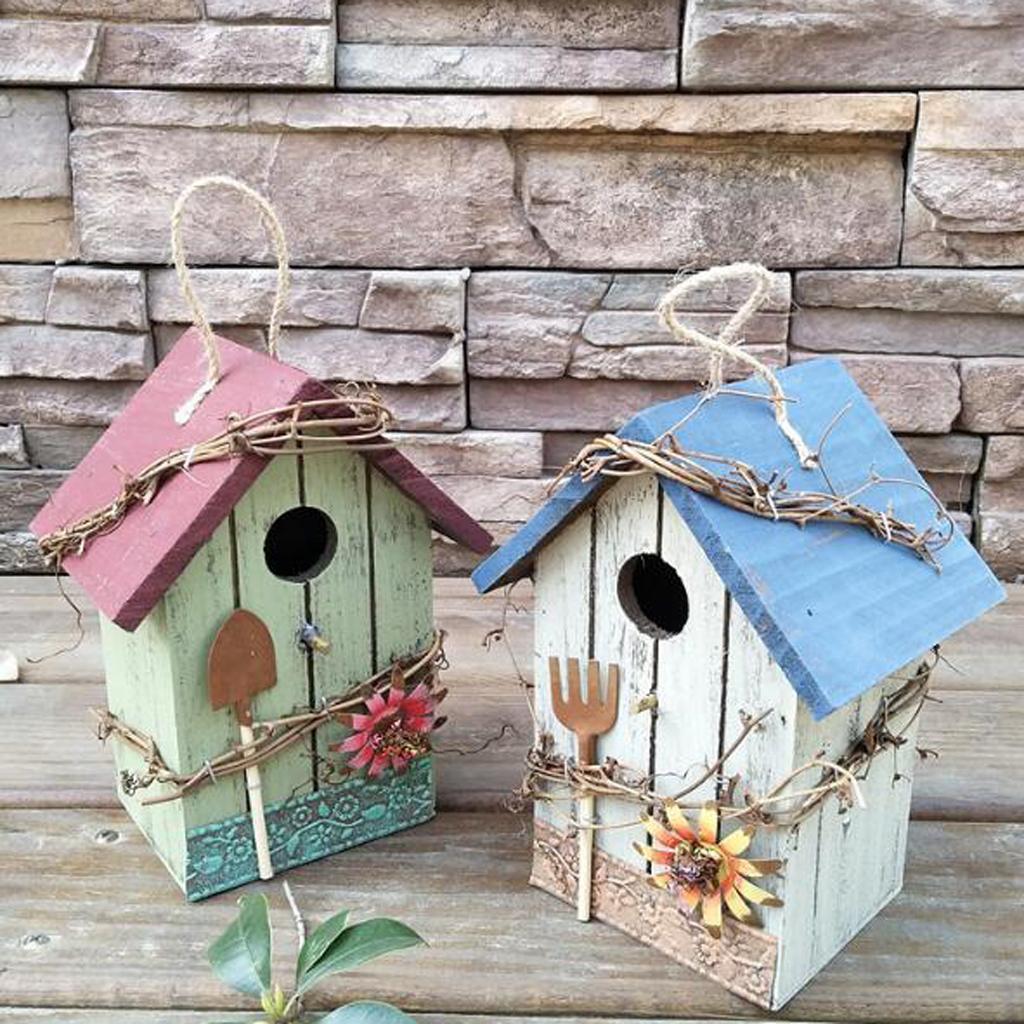 2X HANGING WOODEN BIRD HOUSES PASTORAL COURTYARD RUSTIC DECORATIVE BIRD HOUSE B