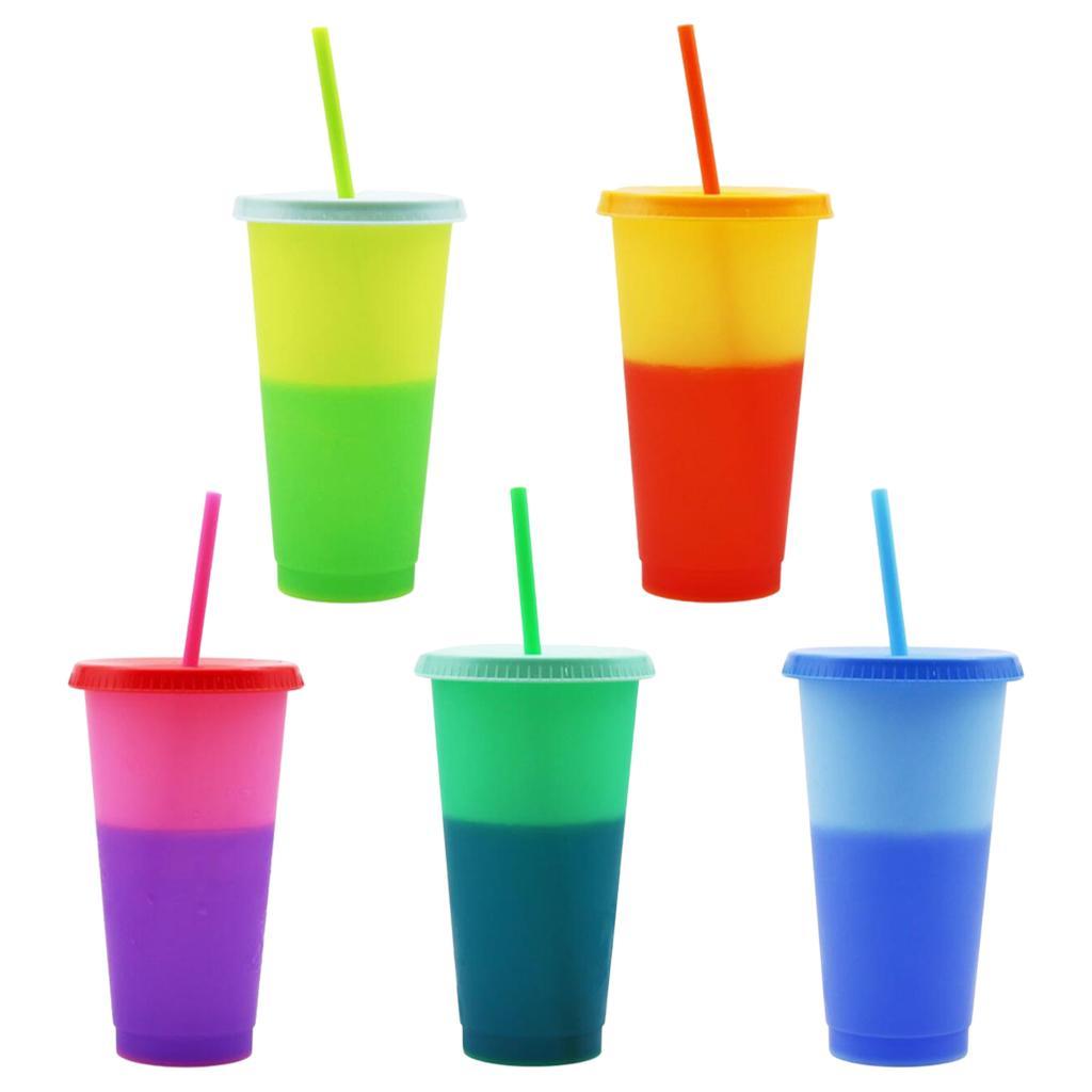 2X 5 Pack 720ml Color Changing Cups Plastic Cold Beverage Cups Mugs with Lids