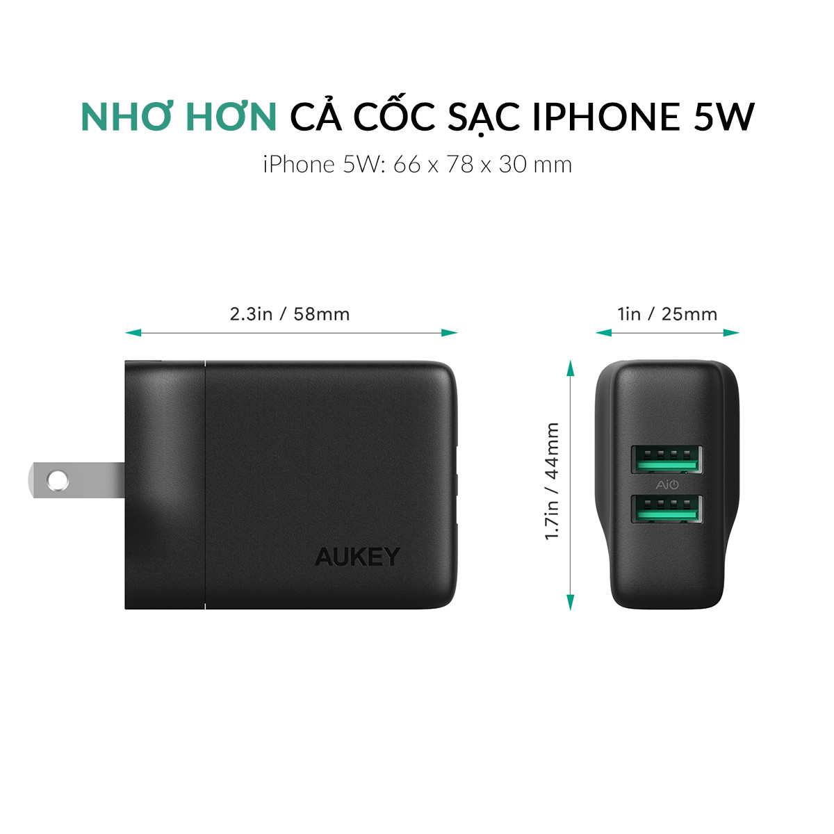 Cốc Sạc 2 Cổng Aukey PA-U50 Công Nghệ Sạc Nhanh GaNFast - Hàng Chính Hãng