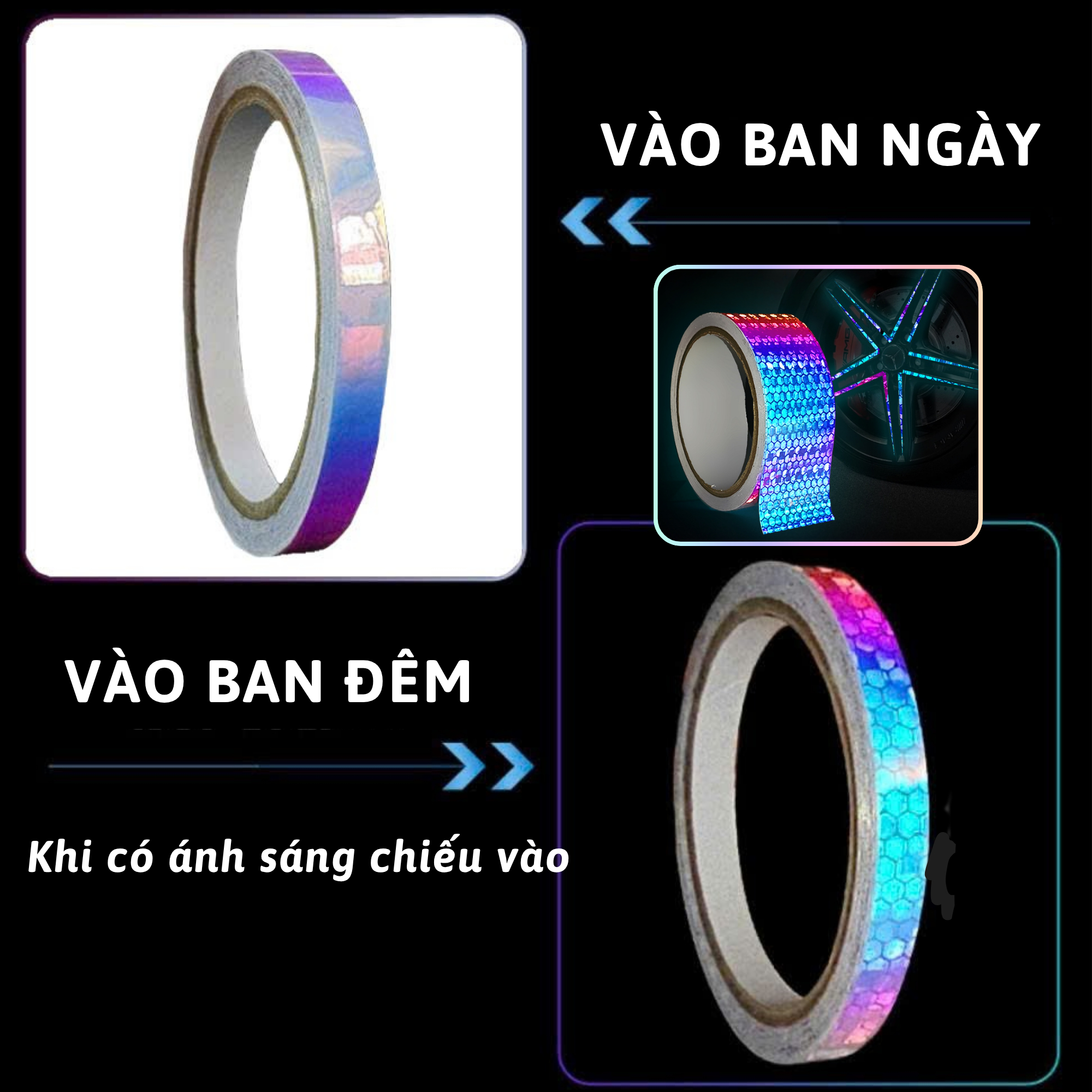 Băng Keo Phản Quang Đa Sắc Dán Xe Decal Phản Sáng Trang Trí Mâm Xe Cầu Thang Nhà Kho An Toàn Vào Ban Đêm