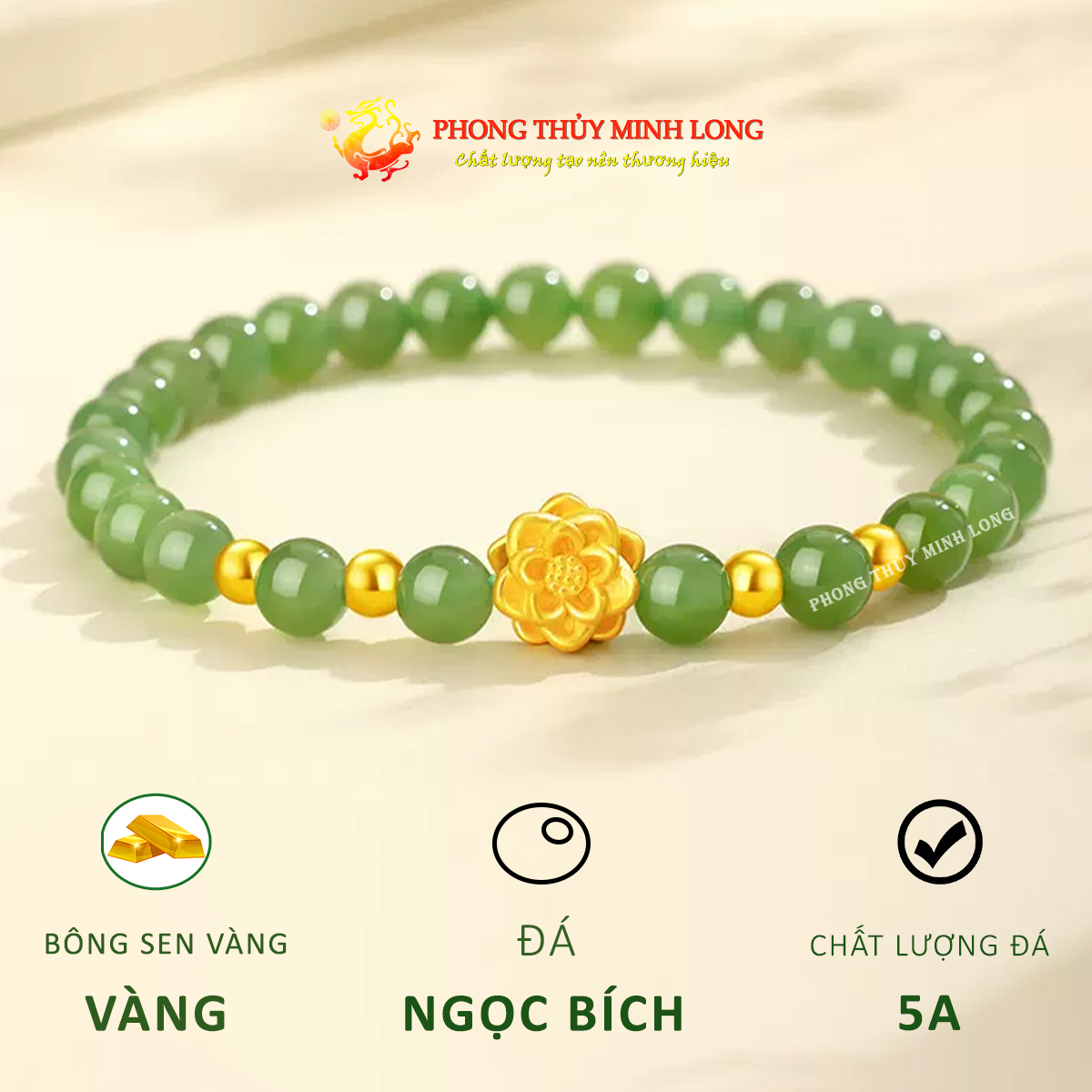 Vòng tay đá ngọc bích mix bông sen vàng