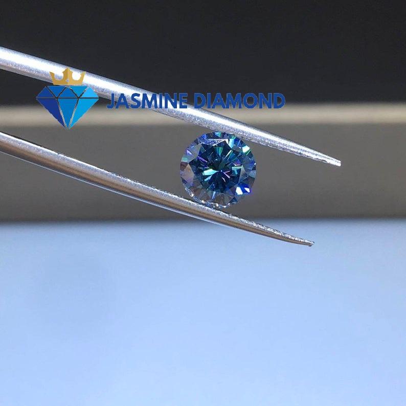 (Size từ 4-7.5 ly) Kim cương nhân tạo Mỹ Moissanite giác cắt tròn màu xanh dương