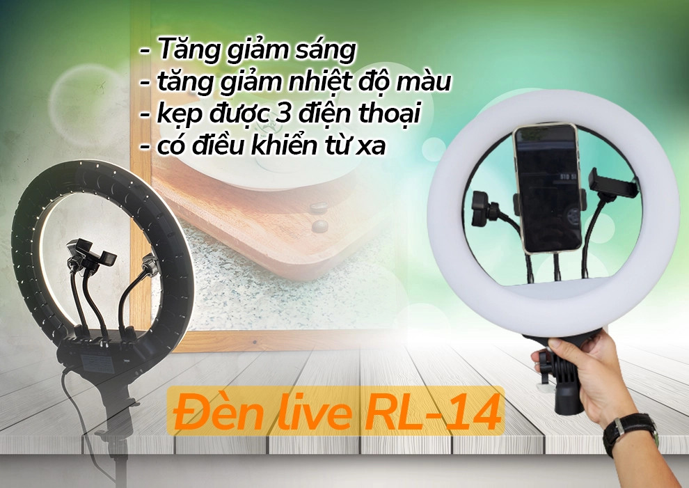 Đèn livestream 36cm RL14 - đèn livestream 3 kẹp điện thoại, chân cao 2.1m, 3 chế độ sáng