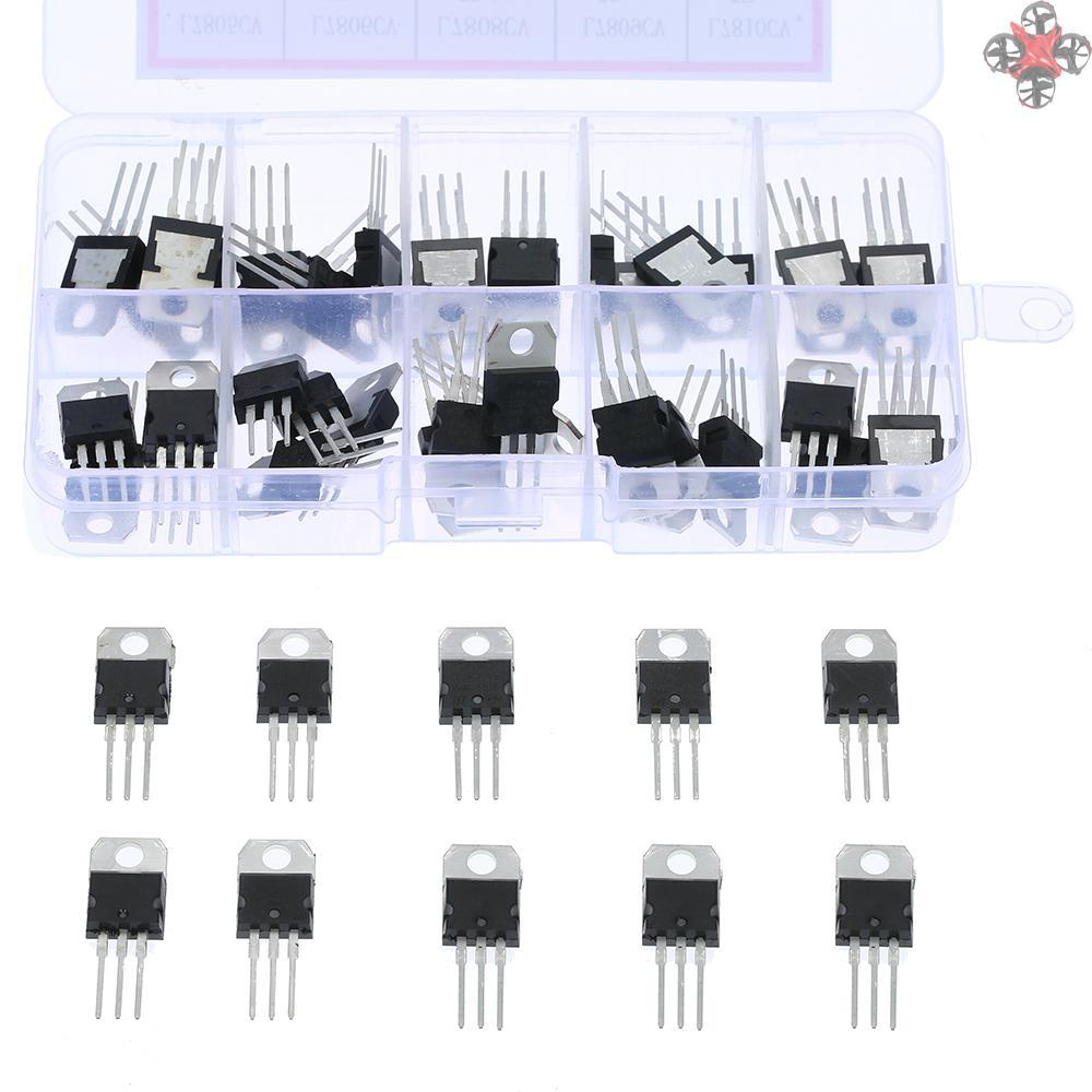 50pcs/set 10 Types L78 Series Mosfet Transistors Assortment Kit Diode Transistor Assortment Assorted Kit with Clear Plastic Box 10 Values L7805CV-LM317T