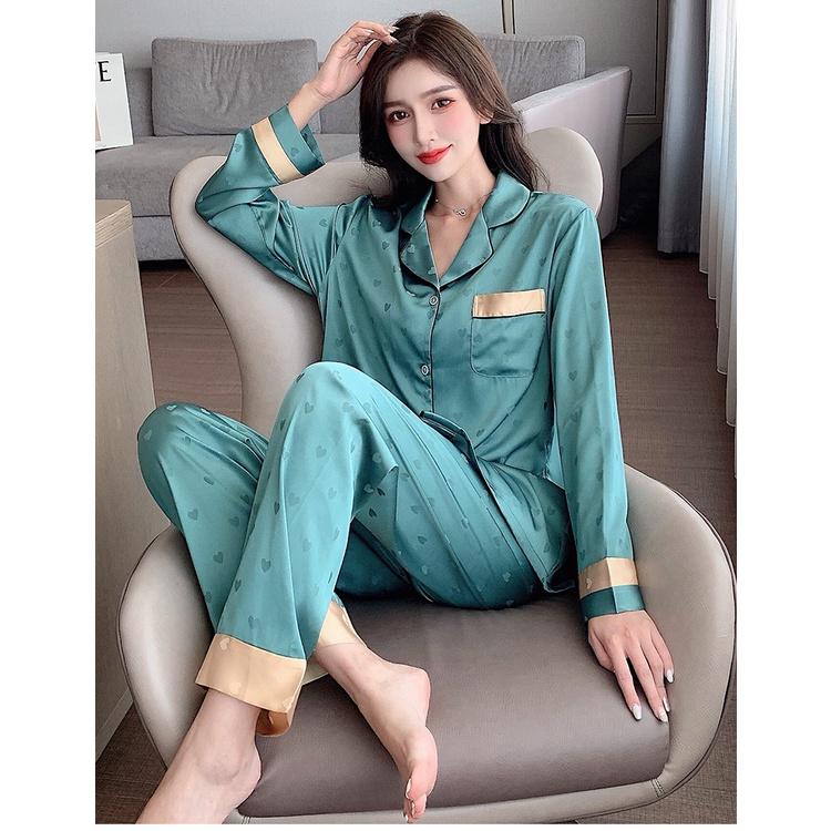 Đồ bộ lụa cao cấp dài tay mặc nhà Bộ đồ ngủ pyjama tay dài phong cách