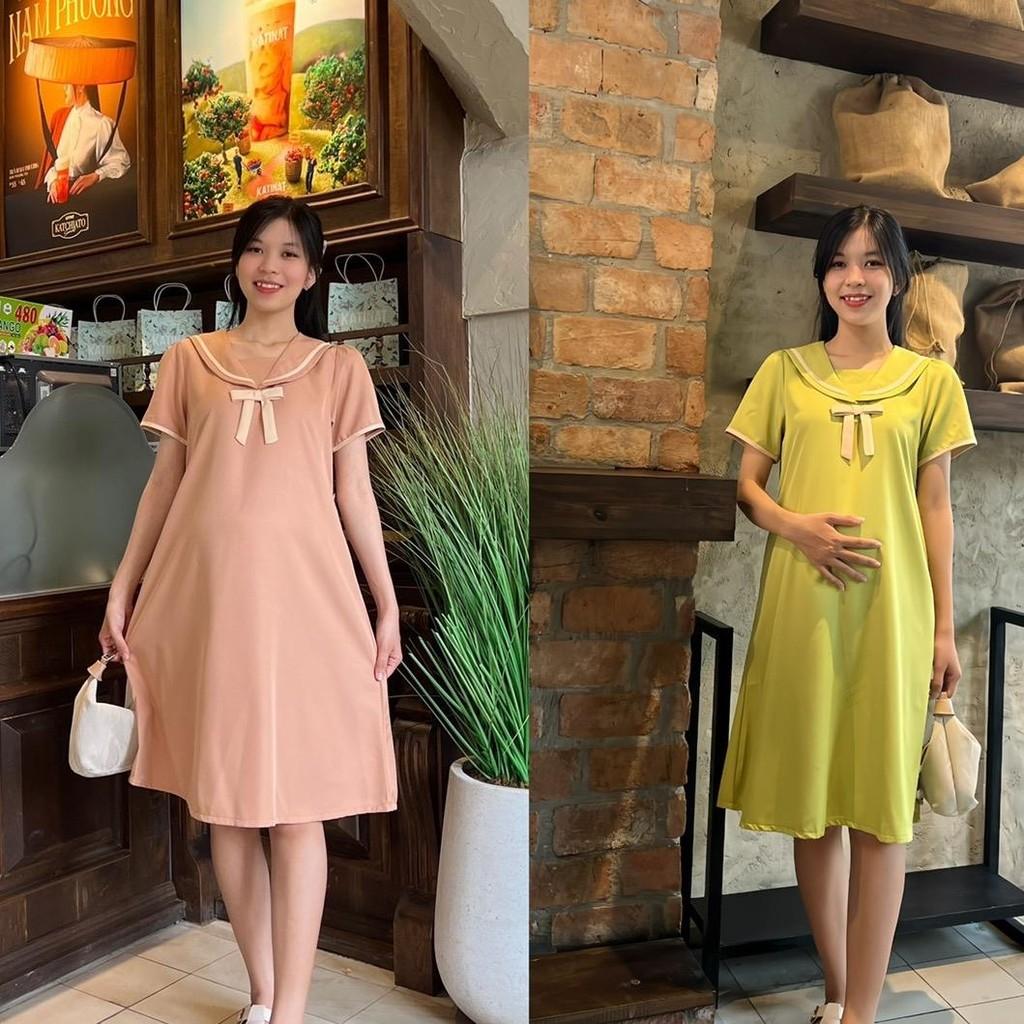 Đầm bầu cotton lạnh cổ sen đính nơ viền cách điệu dễ thương - Đen