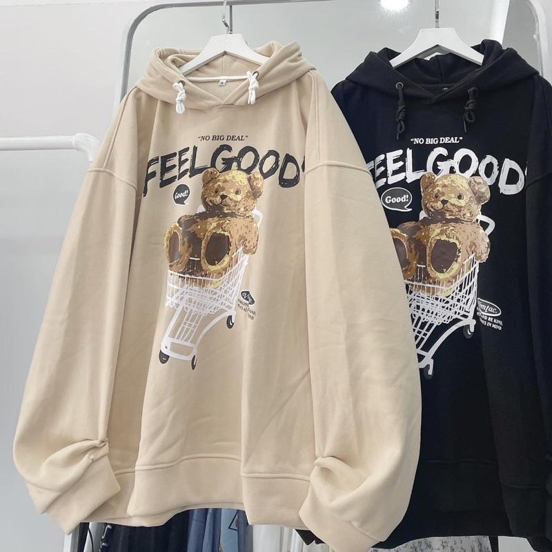 Áo Hoodie Nỉ Bông Unisex GẤU màu ĐEN/TAN Nam nữ unisex Áo Khoác Hoodie form rộng-NHUH2O