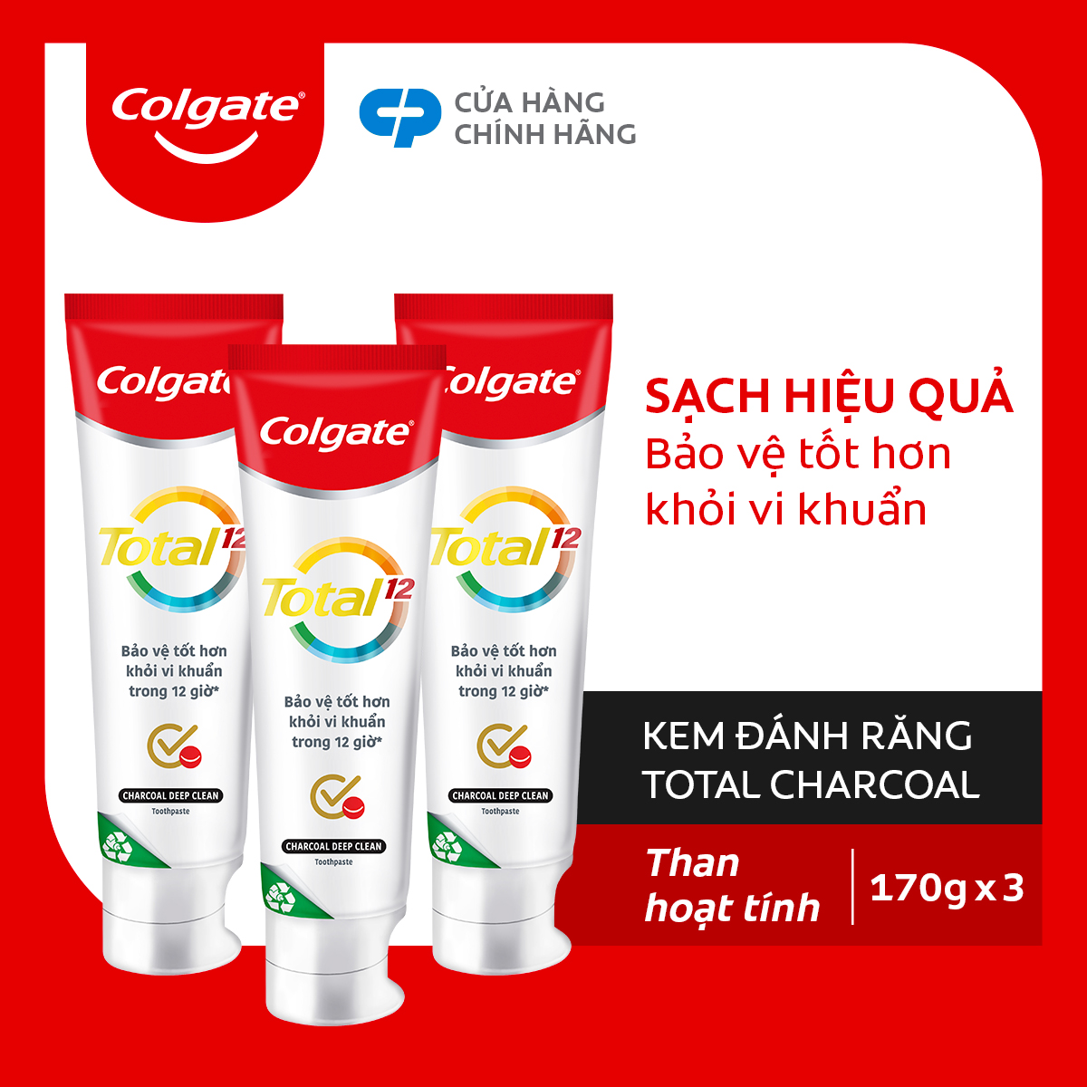 Bộ 3 Kem đánh răng Colgate giảm chảy máu nướu Total than hoạt tính bảo vệ toàn diện 170g/tuýp