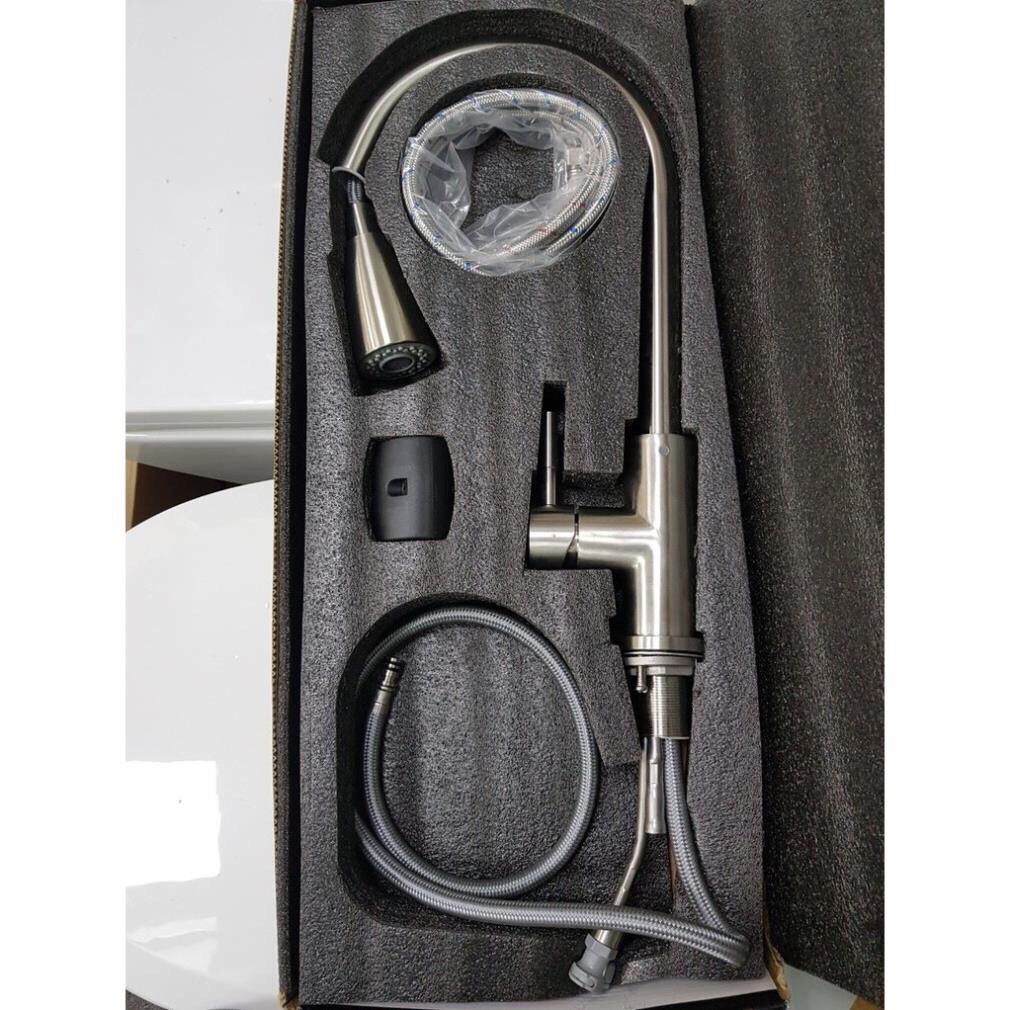 Vòi rửa chén bát nóng lạnh Inox 304 - Vòi rút đa năng xoay 360 độ, tăng áp cao cấp - Tặng kèm 2 dây cấp
