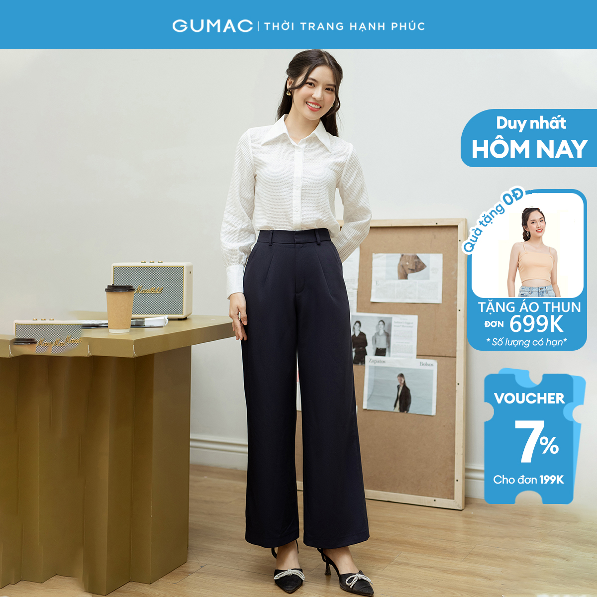 BST MỚI THÁNG 9 Quần nữ ống rộng xếp ly bản lưng cài móc giấu nút, hai túi xéo thân trước GUMAC QD09046 - Xanh đen - M