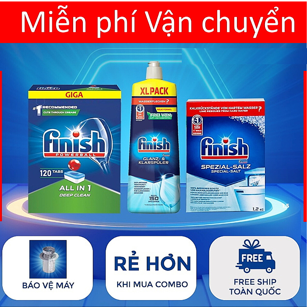 Combo muối rửa bát Finish 1,5kg+viên rửa bát Finish 120 viên+Nước làm bóng bát chén finish 800ml