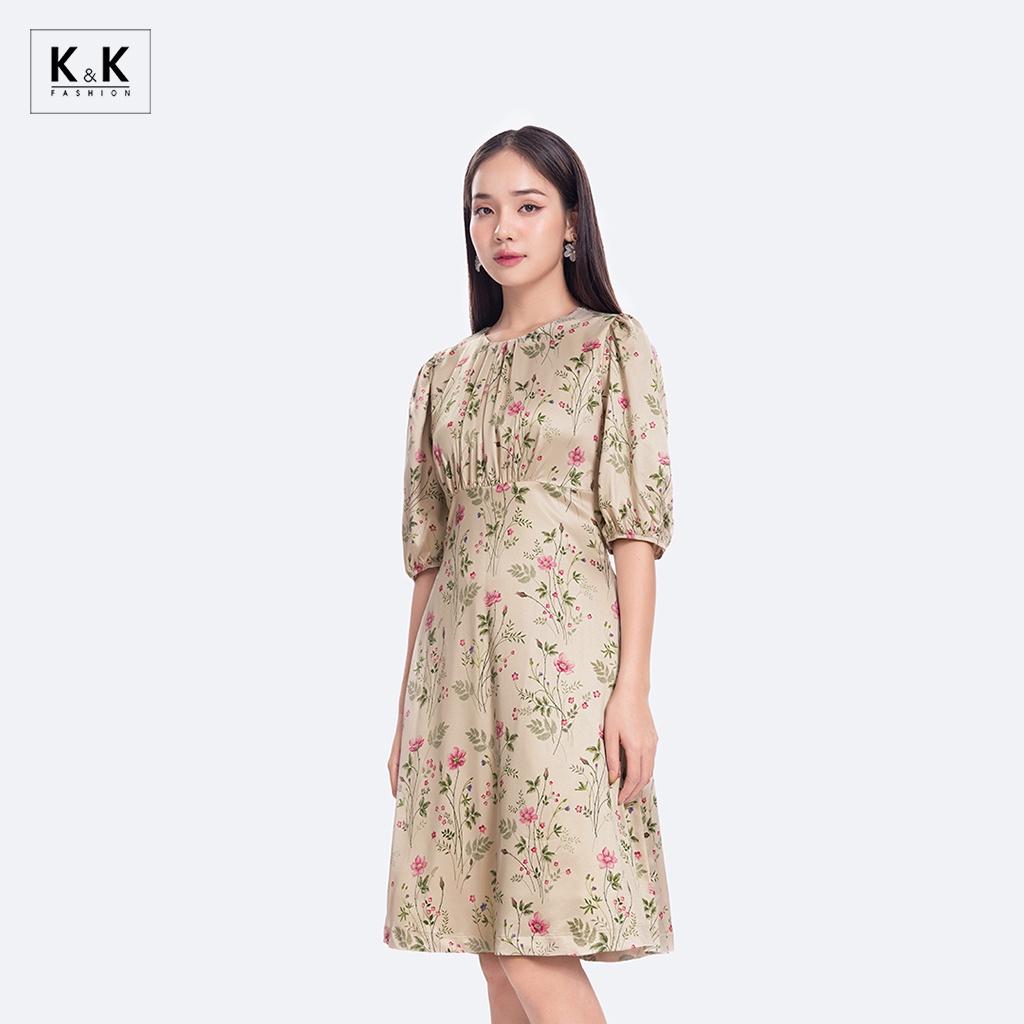 Đầm Xòe Hoa Tay Lỡ Nhấn Eo Cao K&amp;K Fashion KK119-24 Chất Liệu Lụa