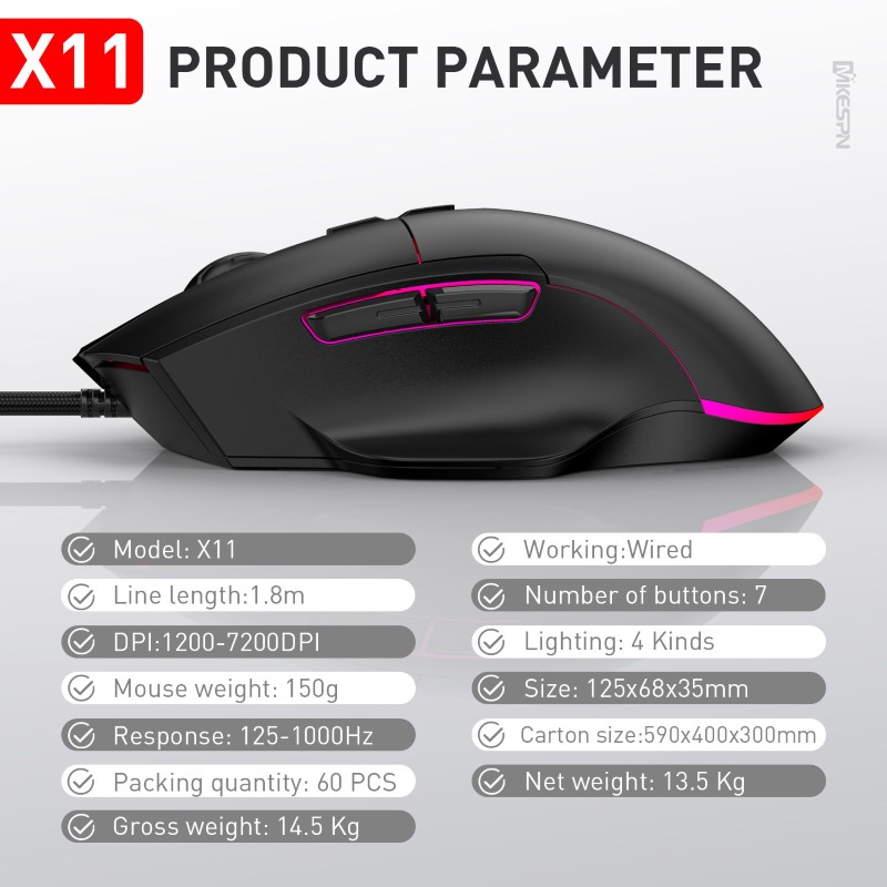 Chuột led gaming macro X11 7200dpi chống mỏi cổ tay cho máy tính hàng nhập khẩu