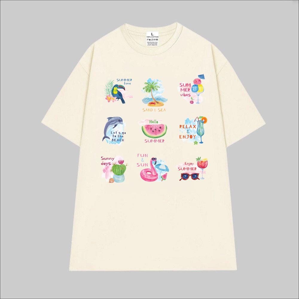 Cao cấp - Áo thun unisex Summer time chim Toucan cá voi cá ngựa với các hoạt tiết vui nhộn áo over