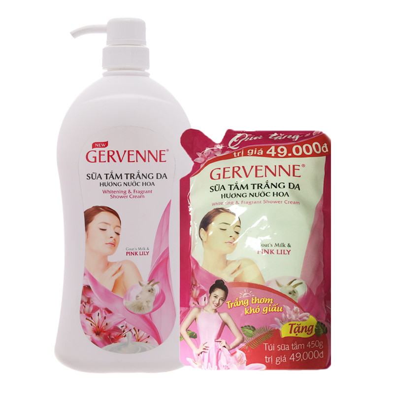 Gervenne Sữa tắm trắng da hương nước hoa Goas't Milk &amp; Pink Lily 900g+Tặng túi sữa tắm 450g